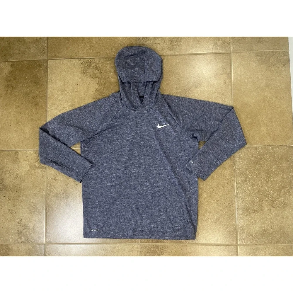 Nike Swim Dri FIT Hoodie Mens Sz L Dark Heather Blue UPF 40 Sun Shirt Rashguard